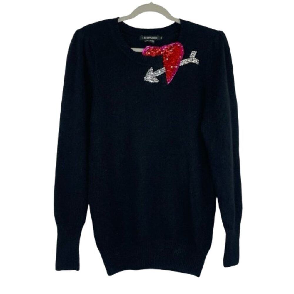 I. B. Diffusion vintage black knit sweater sequin beaded heart size Medium